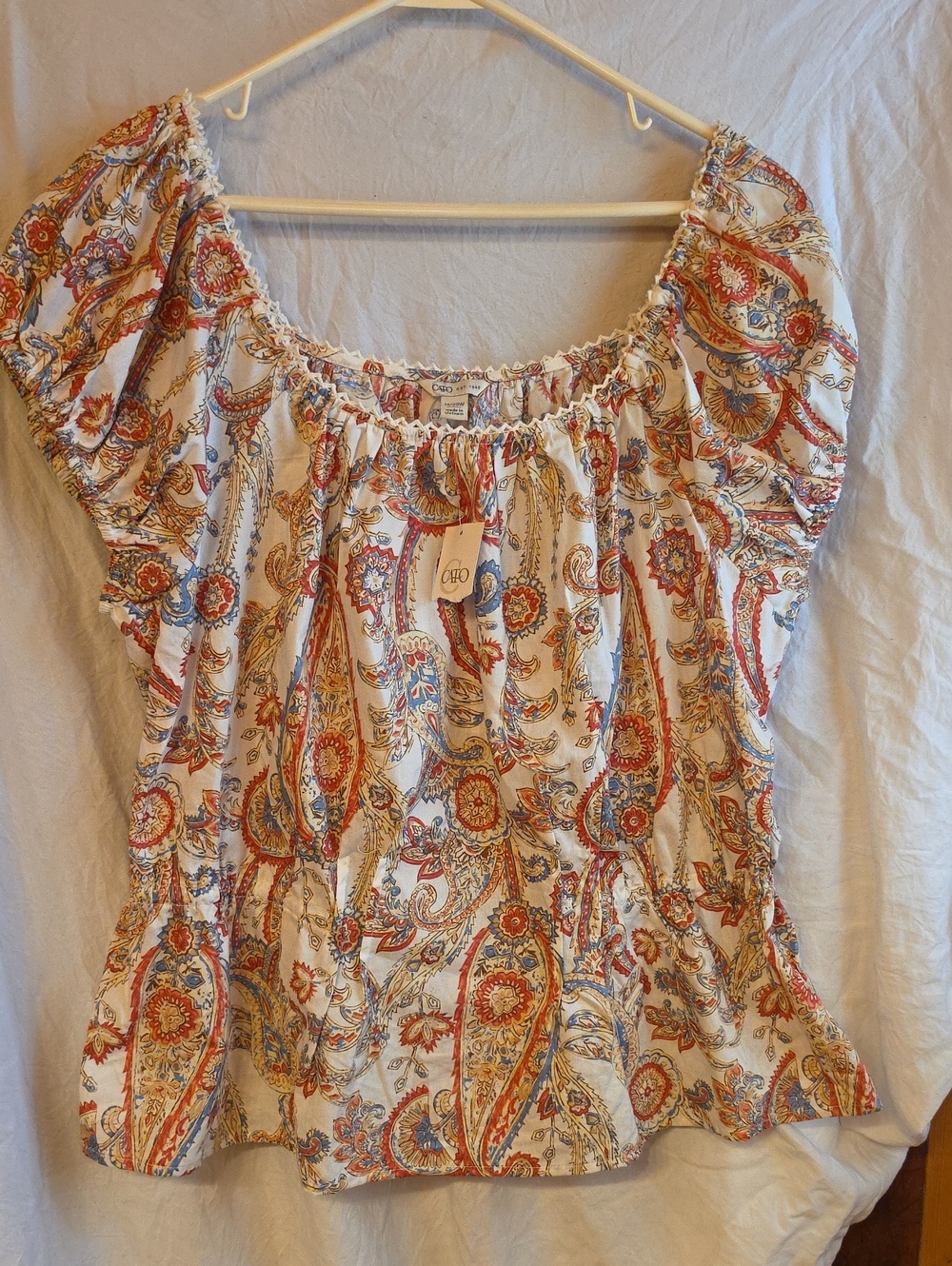 Cato White Paisley Peasant Blouse with Red & Blue Accents